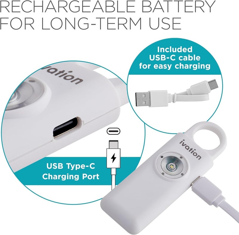 Ivation Personal Rechargeable SOS Alarm, Pocket Size Loud 130dB Sound Safety Siren & LED Panic Strobe Light with Carabiner Keychain Clip for Women, Children & Seniors, White - Image 2